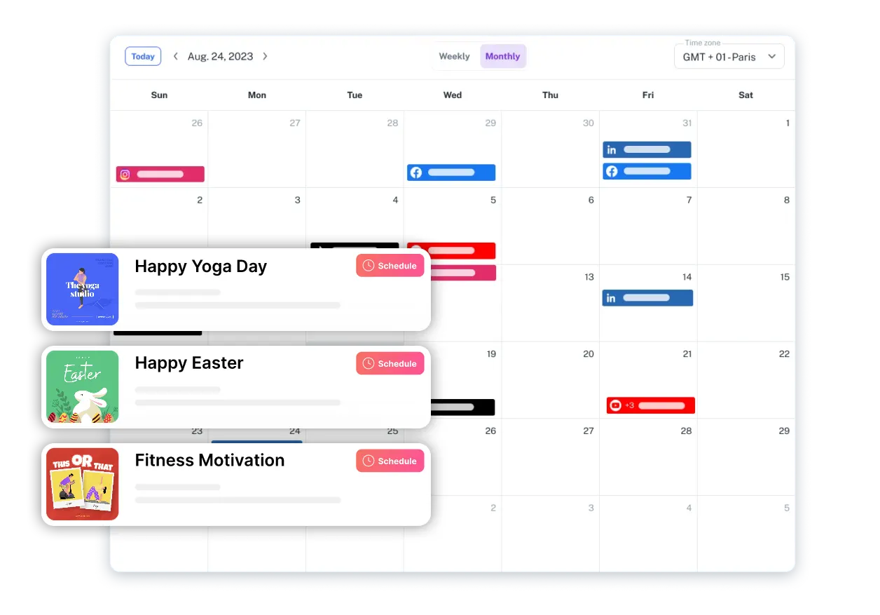 Monthly content calendar with suggested posts for Yoga Day, Easter and fitness motivation