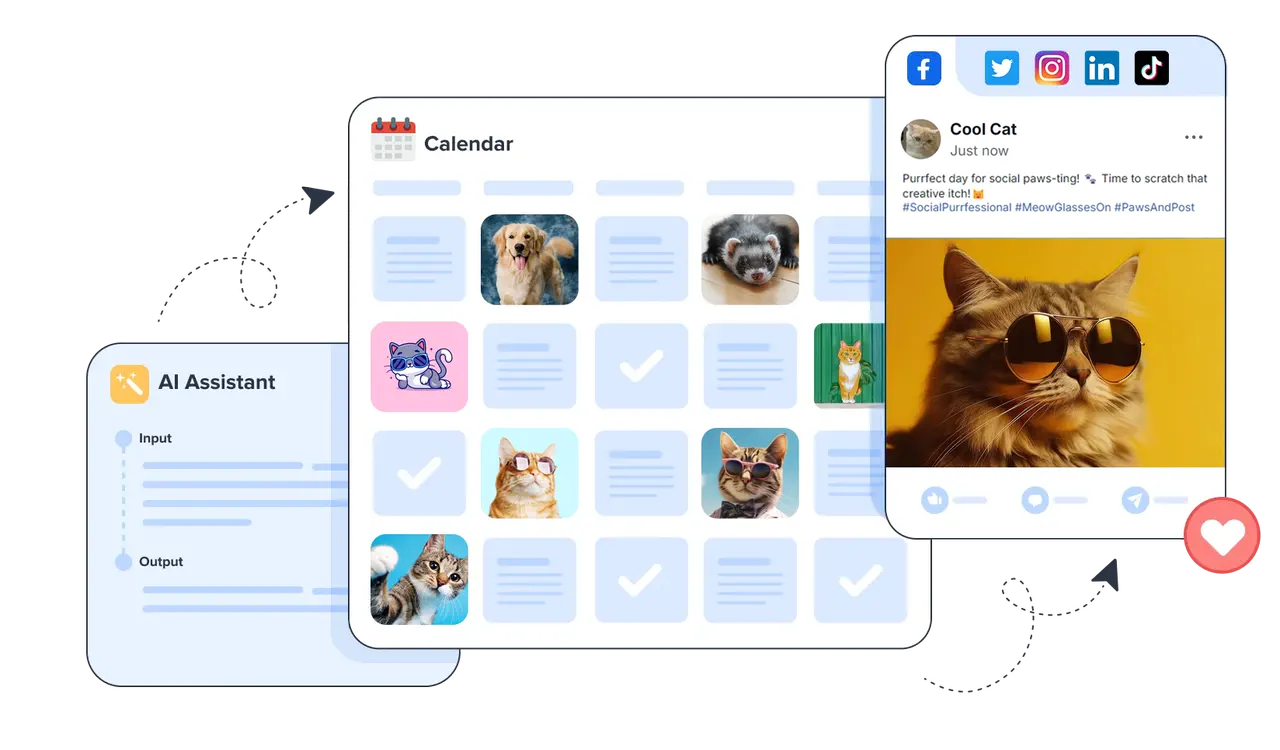 Content calendar with scheduled posts next to a social post preview