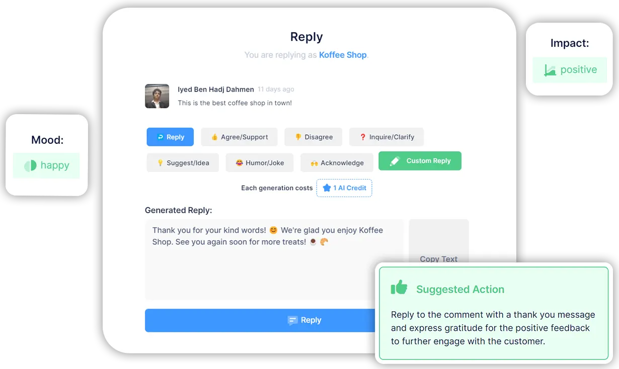 OutReply sentiment view with positive, neutral and negative comment counts